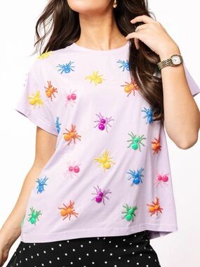 New! QUEEN OF SPARKLES Lavender Halloween Multi Spider Short Sleeve Tee
